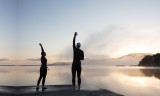 Pre-swim early morning stretch at Ballycuggaran, near Killaloe, County Clare on the Lough Derg Blueway